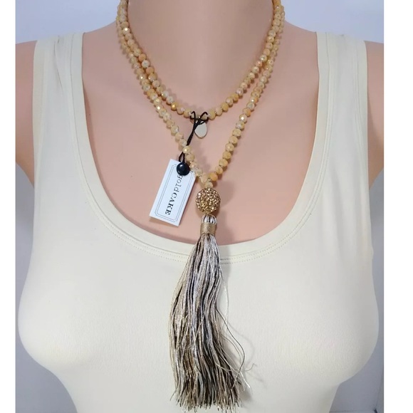 Gold Cake Jewelry Gold Cake Rhinestone Tassel Beaded Necklace